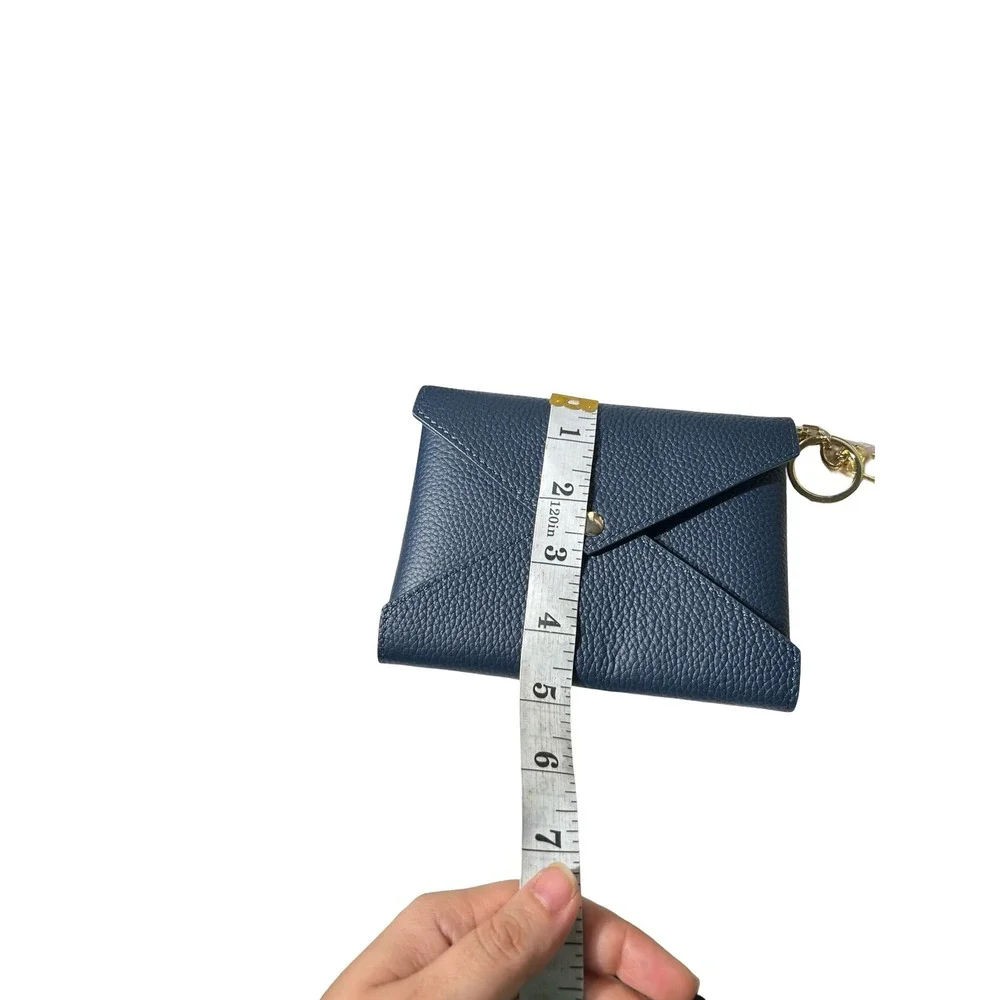 Melodie Cecile Navy Blue Pebbled Leather Envelope Wallet Keychain Fuchsia Lining